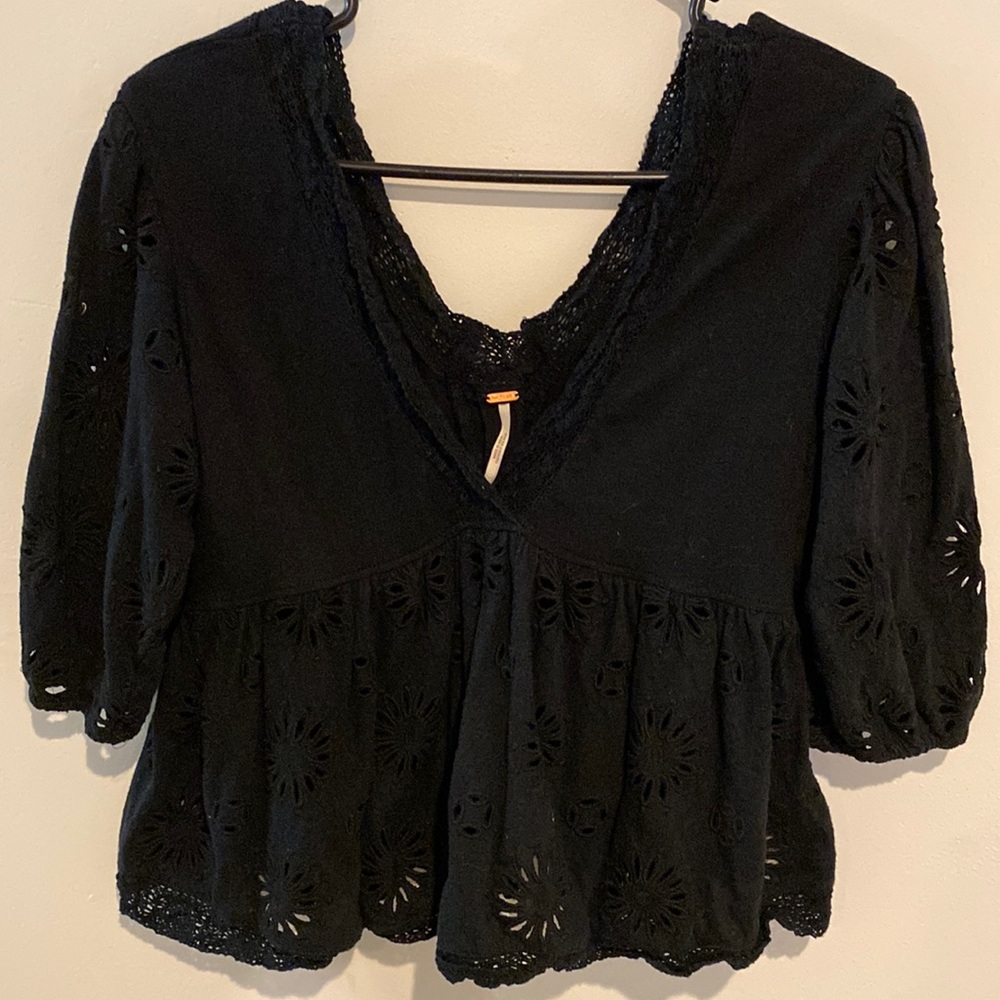 Free People Sweeter Side Black Blouse. Lace Open Sleeve Eyelet. Size XS.